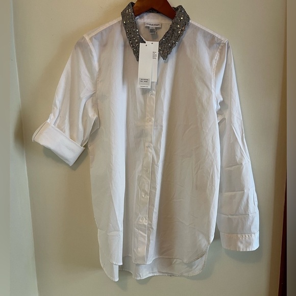 Calvin Klein White button down Blouse, sequin’s collar Boyfriend Tunic women L - Picture 9 of 14